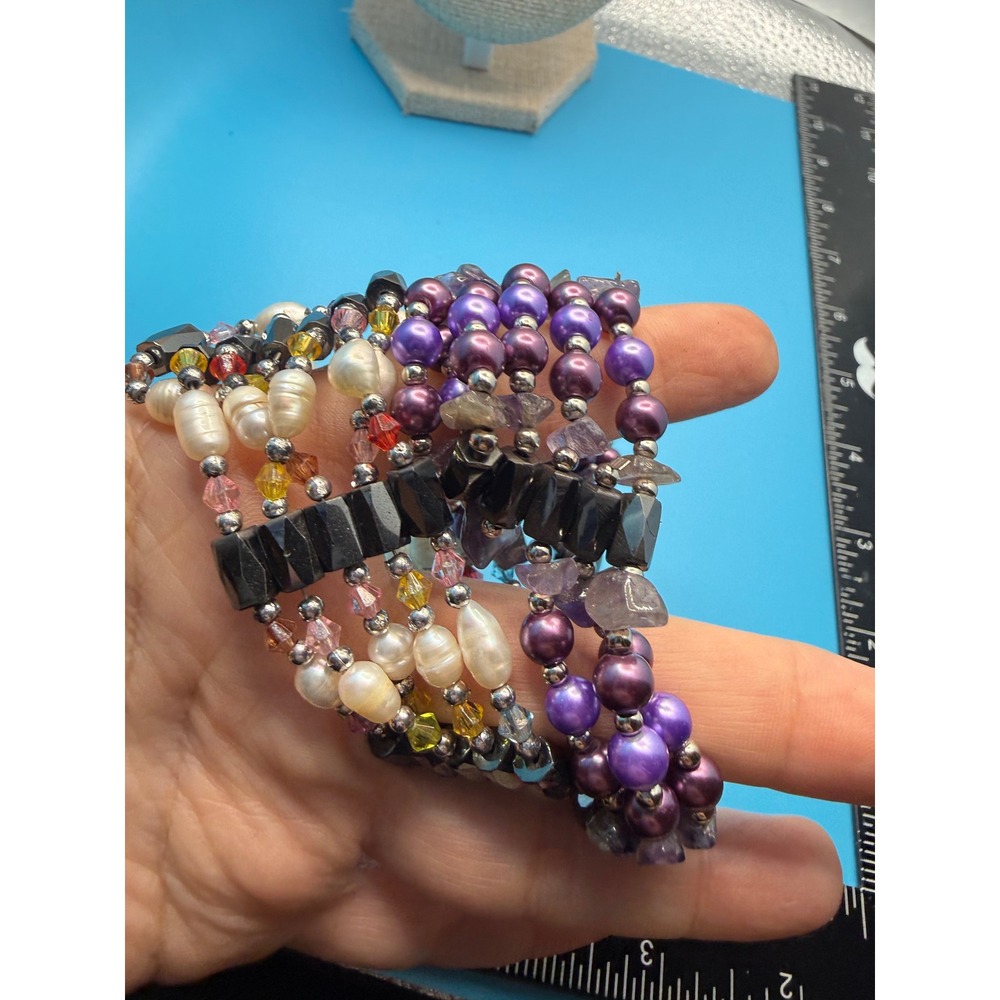 Boho Pearl Hematite Stretch Bracelet Set Multi Strand Purple White Amethyst‎